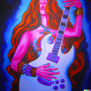 AI Generated image of a goddess playing electric guitar