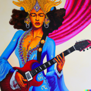 Generated by DALL-E AI Image Generator AI Generated image of a goddess playing electric guitar