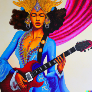 AI Generated image of a goddess playing electric guitar