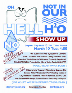 A flyer for a Dayton, OH, community meeting, claiming economic and health benefits of regulating industrial waste in the water supply