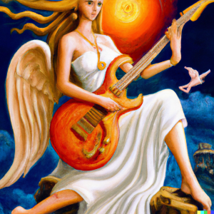 Generated by DALL-E AI Image Generator AI Generated image of a goddess playing electric guitar