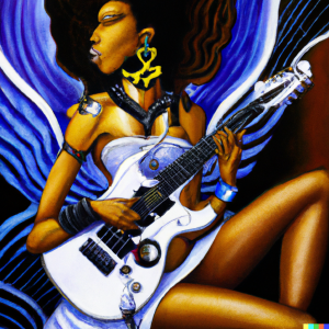 Generated by DALL-E AI Image Generator AI Generated image of a goddess playing electric guitar