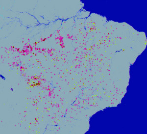 map of fires in amazon forest- lots of red dots!