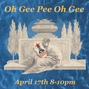 Listening at the Mirror Upon a blue shifted Martian background floats a blockprint of Queen Anne staring raptly at a picture of a radio tower topped by a red star and footed with the letters KBOO beneath. Occupying the top of the total image are the words "Oh Gee Pee Oh Gee"