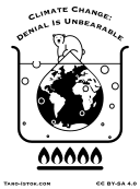Vector graphic artwork of a distressed polar bear stranded on the tip of an iceberg, morphing into the Earth below the waterline. The Earth submerged in a pot of boiling water above the flames of a gas stove. The text, "Climate Change: Denial Is Unbearabl