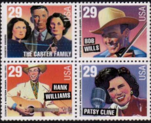 Image of Country Music postage stamp including Carter Family, Hank Williams, Patsy Cline and Bob Wills
