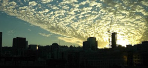 Portland skyline with construction at sunset