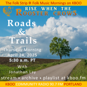 "Roads & Trails" - image of a paved trail crossing an open landscape, with one tree and a bright cloudy sky