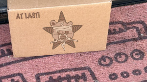 It's a box on a doorstep with the Self Help Radio logo on it & the phrase "at last!" written on it as well.