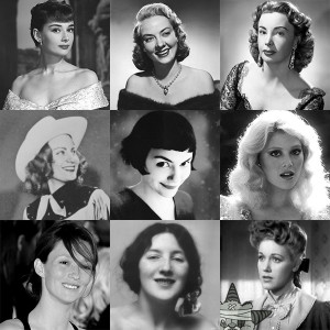 A collage of famous Audreys: Audrey Hepburn, Audrey Totter, Audrey Meadows, Audrey Williams, Audrey Tatou, Audrey Landers, Audrey Marney, Audrey Munson, & Audrey Long.