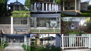 Nine different pictures of nine different porches in Portland - with the Self Help Radio in the middle of them all.