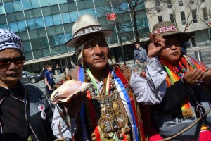 Indigenous people from Bolivia demonstrating at the United Nations for their right to grow and use coca.