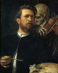 Arnold Boecklin In a dark corner a bearded artist listens as death in its skeletal form plays a violin with only one string