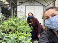 Two growers in masks in a plant nursery.