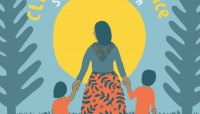 colorful drawing of woman walking between trees holding the hands of two children