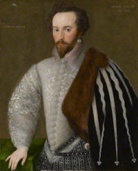 Sir Walter Raleigh with top left moon and waves